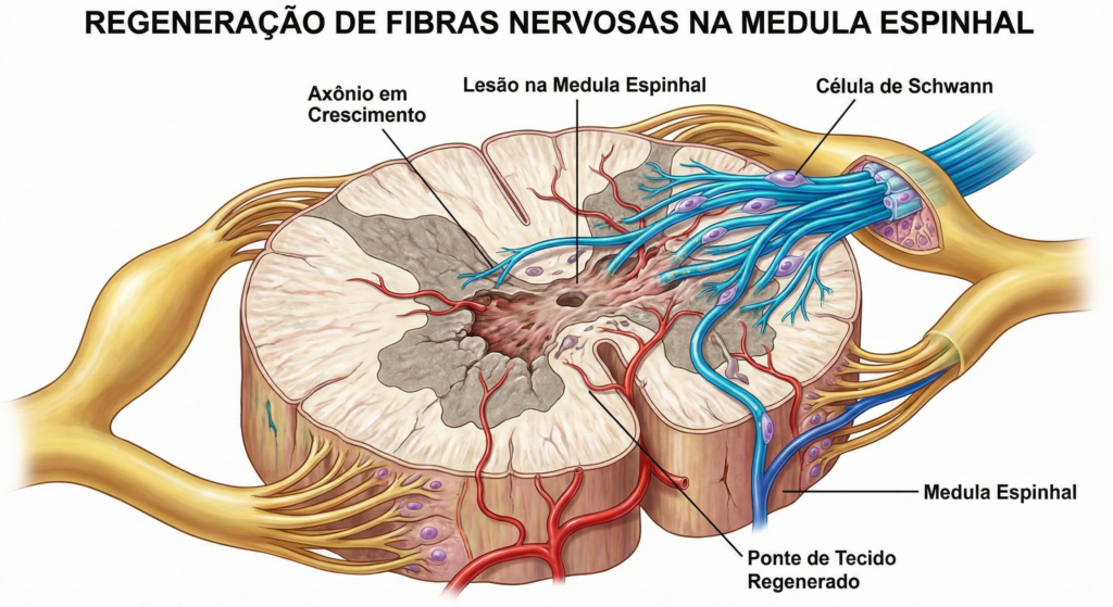 Ilustração científica da regeneração de fibras nervosas na medula espinhal