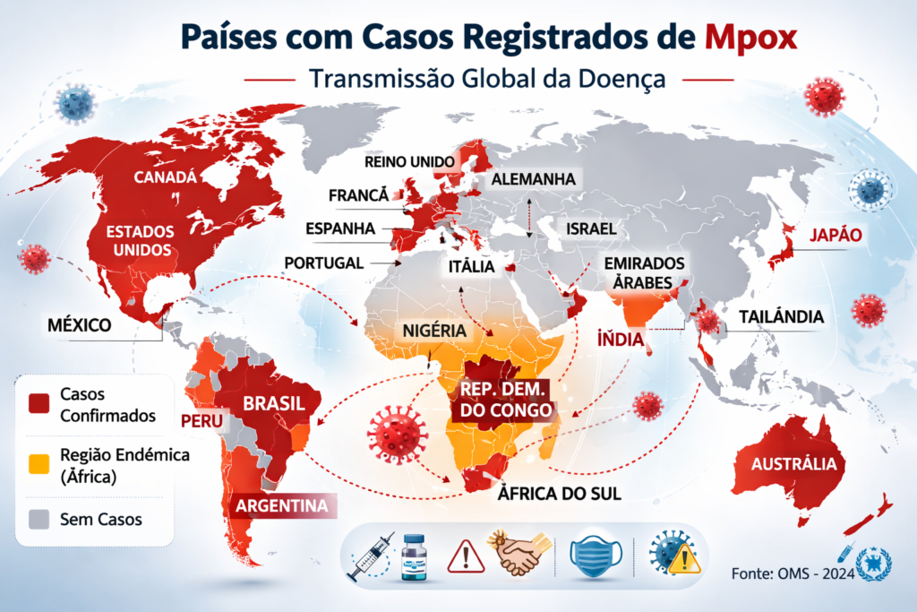 Revista Voix - Mpox: o que é, como se contrai, sintomas, prevenção, vacina e situação mundial. Mapa-múndi destacando países com casos registrados de Mpox